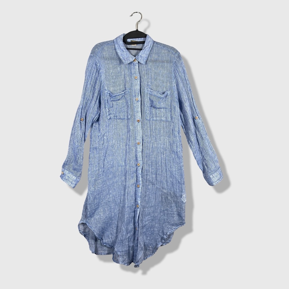 Magaschoni Linen Tunic Shirt Womens Size M Blue Coastal Grandmother Boho